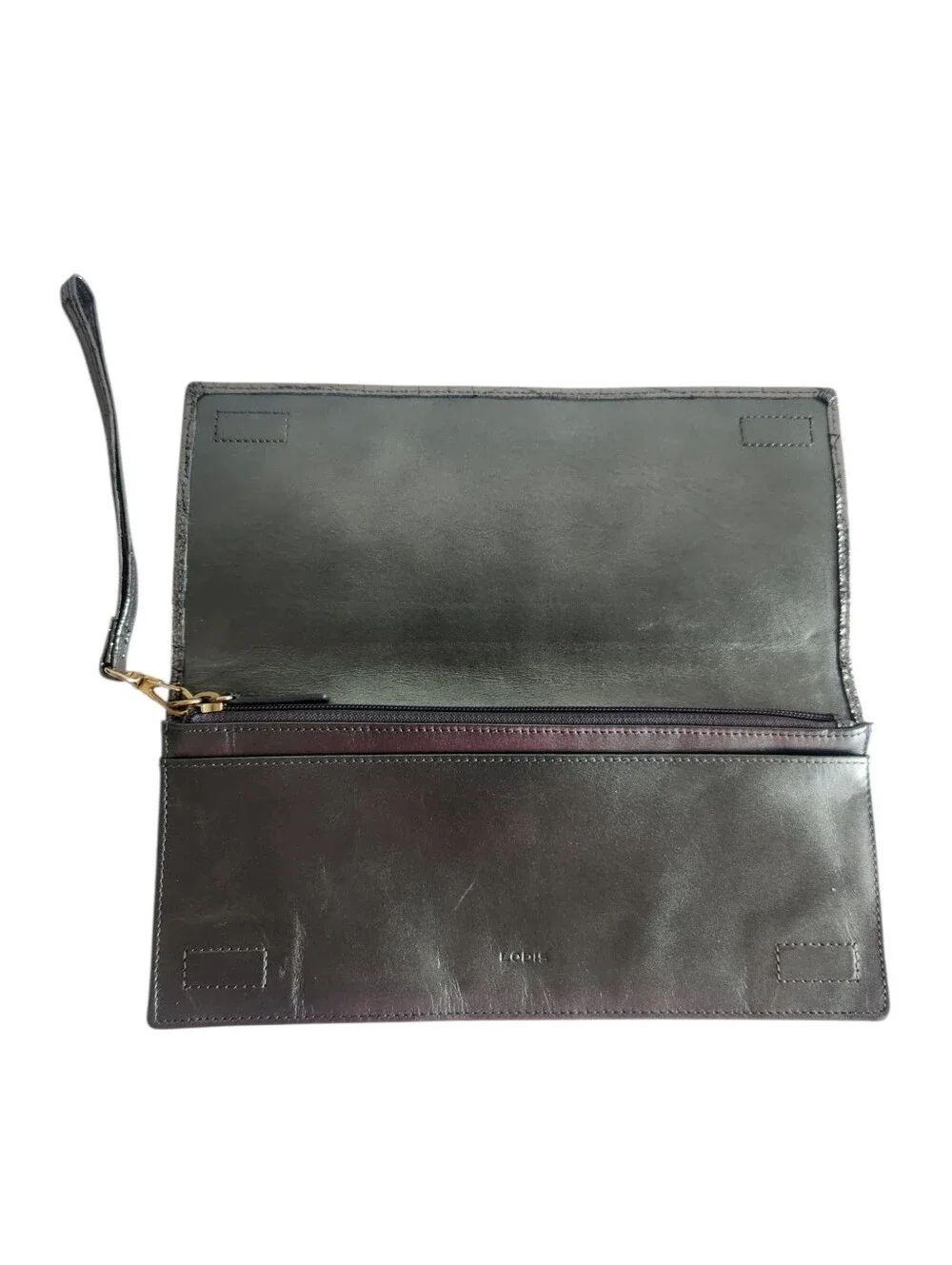 Lodis Metallic Silver Croc Embossed Leather Clutch Wristlet